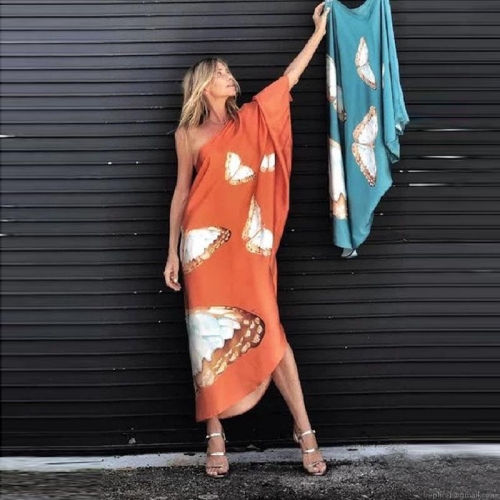 Women's Sexy One Shoulder Maxi Dress Printed Satin Loose Swing Long Beach Holiday Party Dress Butterfly Floral Printed Elegance Gown