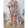 Women V Neck Chiffon Floral Print Maxi Dress Puff Sleeve High Waist Slit Polyester Fabric Long Flowy Party Evening Gown Vacation Beach Wear Elegant