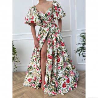 Women V Neck Chiffon Floral Print Maxi Dress Puff Sleeve High Waist Slit Polyester Fabric Long Flowy Party Evening Gown Vacation Beach Wear Elegant