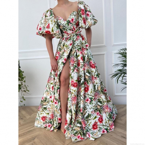Women V Neck Chiffon Floral Print Maxi Dress Puff Sleeve High Waist Slit Polyester Fabric Long Flowy Party Evening Gown Vacation Beach Wear Elegant