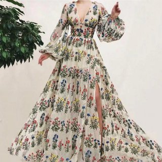 Women's Bohemian Floral Embroidery Maxi Dress Sexy V-Neck Mesh Lantern Sleeve Long Dress Vintage White Beach Party Wedding Guest Dress