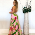 Women's Bohemian Tropical Floral Print Maxi Dress Sexy Deep V Neck Backless Halter Long Dresses For Summer Beach Vacation Party