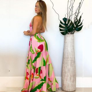 Women's Bohemian Tropical Floral Print Maxi Dress Sexy Deep V Neck Backless Halter Long Dresses For Summer Beach Vacation Party