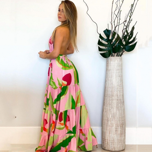 Women's Bohemian Tropical Floral Print Maxi Dress Sexy Deep V Neck Backless Halter Long Dresses For Summer Beach Vacation Party