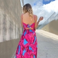 Women's Tropical Print Maxi Dress Backless Spaghetti Strap V-Neck High Slit Bohemian Summer Beach Vacation Party Long Dress Polyester