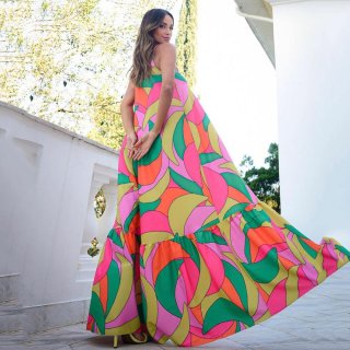 Women's Bohemian Floral Print Polyester Chlorofibre Maxi Dress Sexy Deep V Neck Backless Spaghetti Strap Sleeveless Large Swing Long Skirt For Summer Vacation Beach