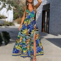 Women's Tropical Leaf Print V-Neck Maxi Dress With High Slit Spaghetti Strap Polyester Bohemian Summer Beach Vacation Dress