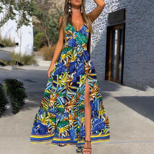 Women's Tropical Leaf Print V-Neck Maxi Dress With High Slit Spaghetti Strap Polyester Bohemian Summer Beach Vacation Dress