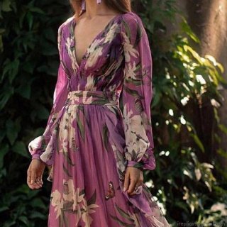 Women's Elegant V-Neck Long Sleeve Maxi Dress Floral Butterfly Print High Waist A-Line Swing Dresses Bohemian Vacation Long Robe