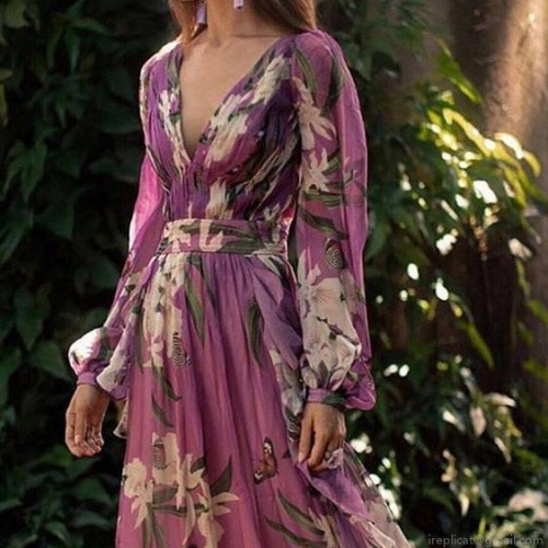 Women's Elegant V-Neck Long Sleeve Maxi Dress Floral Butterfly Print High Waist A-Line Swing Dresses Bohemian Vacation Long Robe