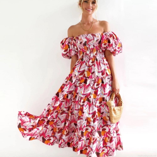 Women's Bohemian Floral Print Maxi Dress Off-Shoulder Smocked Tiered Cake Dress Short Bubble Sleeve Polyester Long Sundress for Summer Resort Vacation