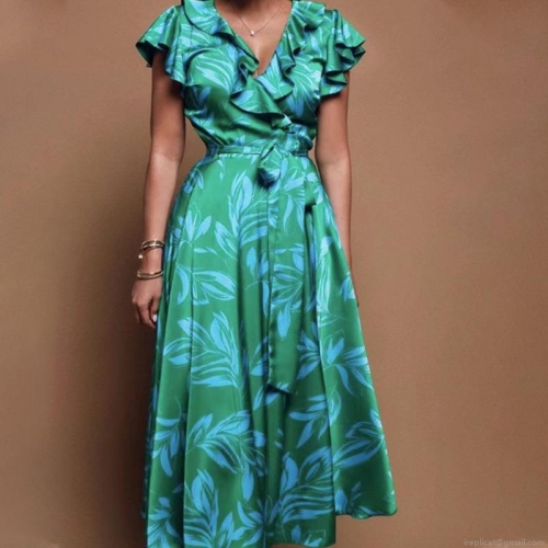 Women's V-Neck Satin Maxi Dress Elegant Tropical Leaf Print Puff Short Sleeve Ruffle Hem High Slit Tie Waist A-Line Dress For Summer Vacation Beach Casual Party Ladies