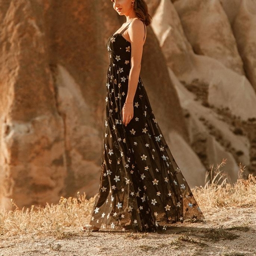 Women Sexy Black Mesh Star Sequin Sling Maxi Dress V-Neck High Waist Backless Patchwork Evening Party Vacation Evening Gown Long Dress