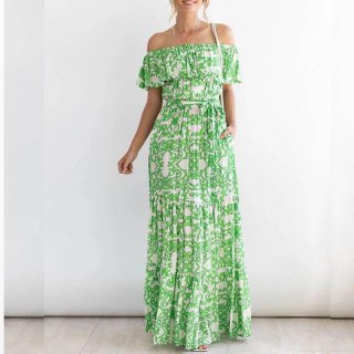 Women's Bohemian Off-Shoulder Ruffle Maxi Dress Polyester Floral Printed Summer Beach Long Dress Casual Vacation Style Ladies Clothing