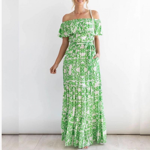 Women's Bohemian Off-Shoulder Ruffle Maxi Dress Polyester Floral Printed Summer Beach Long Dress Casual Vacation Style Ladies Clothing