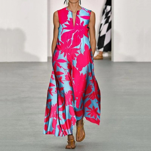 Women's V-Neck Sleeveless Maxi Dress Floral Print Bohemian Loose Satin Texture Summer Beach Long Dress For Party Vacation Elegant Gown
