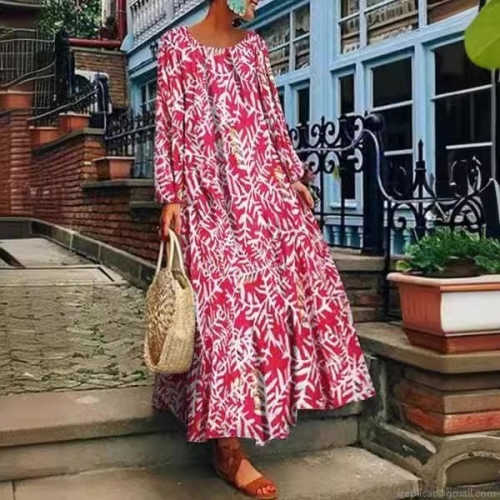 Women's Boho Floral Print Maxi Dress Polyester Long Sleeve Round Neck Loose Casual Summer Holiday Beach Party Flowy Long Dress