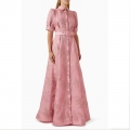 Women's French Elegant Pink Jacquard Maxi Dress Vintage Short Puff Sleeve Shirt Collar A-Line Party Dress With Belt Retro Chic Summer High Waist Gown