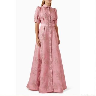 Women's French Elegant Pink Jacquard Maxi Dress Vintage Short Puff Sleeve Shirt Collar A-Line Party Dress With Belt Retro Chic Summer High Waist Gown