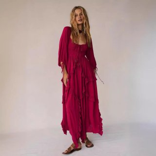 Women Bohemian Ruffle Tiered Maxi Dress Solid Color Square Neck Lantern Long Sleeve Smocked High Waist Split Flowy Vacation Dress