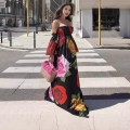 Women's Elegant Rose Floral Print Maxi Dress Off The Shoulder Long Sleeve Smocked Chiffon Beach Party Long Dress Summer Vacation Boho Clothing