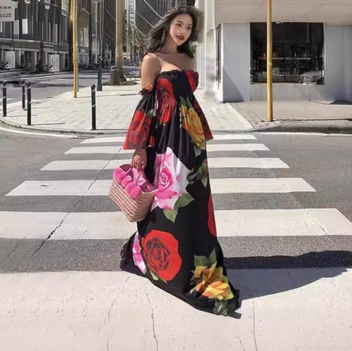 Women's Elegant Rose Floral Print Maxi Dress Off The Shoulder Long Sleeve Smocked Chiffon Beach Party Long Dress Summer Vacation Boho Clothing