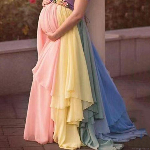 Sexy Rainbow Gradient Maternity Dress For Photography Off The Shoulder Mesh Tulle Maxi Gown Elegant Pregnancy Photo Shoot Evening Dress For Women