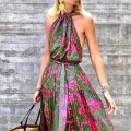 Women's Elegant Floral Print Halter Maxi Dress Sexy Backless Sleeveless Tiered Ruffle Hem Bohemian Summer Beach Vacation Dress With Belt