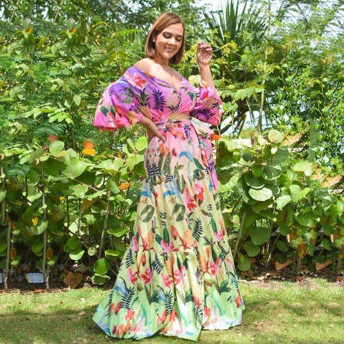 Women's Tropical Floral Print Off-Shoulder V-Neck Maxi Dress Bohemian High Waist Cut-Out Lantern Sleeve Long Dress For Vacation Party Summer Spring Sexy Elegant Leopard Patterned Vestidos