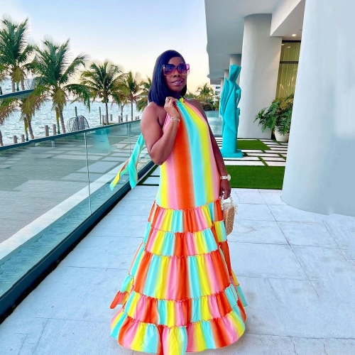 Rainbow Striped Halter Neck Backless Maxi Dress Bohemian Tiered Cake Skirt Sleeveless Long Dress for Women Summer Beach Vacation