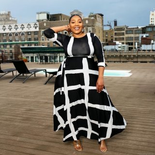Women's Plus Size Black and White Geometric Grid Print Maxi Dress Round Neck 3/4 Sleeve High Waist Belted Loose Fit A-Line Long Dress for Party Holiday Urban Fashion