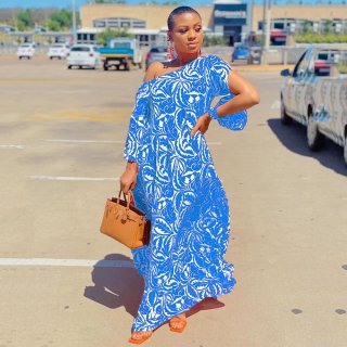 Women's One Shoulder Maxi Dress Elegant Leaf Print Long Sleeve Asymmetrical Sequin Polyester Bohemian Long Dress For Summer Vacation Party