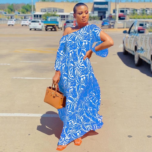 Women's One Shoulder Maxi Dress Elegant Leaf Print Long Sleeve Asymmetrical Sequin Polyester Bohemian Long Dress For Summer Vacation Party