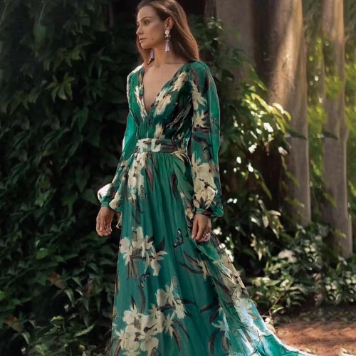 Women's Elegant V Neck Long Sleeve Floral Print Maxi Dress High Waist Bohemian A-Line Flare Hem Long Dress For Vacation Party Casual