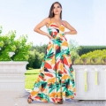 Women's Summer Backless Maxi Dress Tropical Leaf Print V-Neck Spaghetti Strap Vacation Bohemian Long Sundress Slim Waist Slit Dress