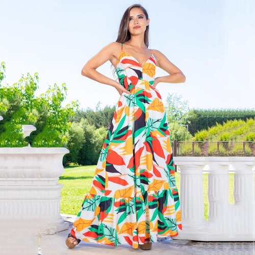 Women's Summer Backless Maxi Dress Tropical Leaf Print V-Neck Spaghetti Strap Vacation Bohemian Long Sundress Slim Waist Slit Dress