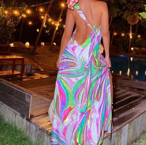 Women's Sexy One Shoulder Backless Maxi Dress Bohemian Colorful Marble Print High Slit Sleeveless Long Dress For Beach Vacation Summer Party Holiday Dress