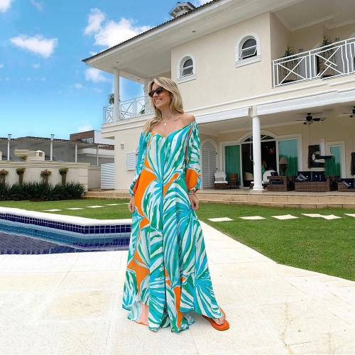 Women's Off-the-shoulder Maxi Dress Chiffon Long Sleeve Tropical Floral Print Elegant Vacation Beach Party Flowy Long Gown Resort Wear for Ladies