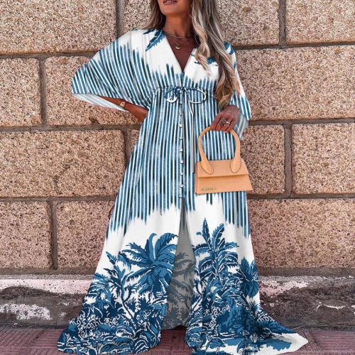 Women's V Neck Boho Print Maxi Dress Long Sleeve Tie Waist High Split Vacation Beach Kaftan Long Dresses