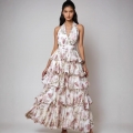 Women's Sexy V-Neck Halter Backless Tiered Floral Maxi Dress Summer Bohemian Chiffon Ruffle Cake Dresses For Vacation Beach Party Women Clothing