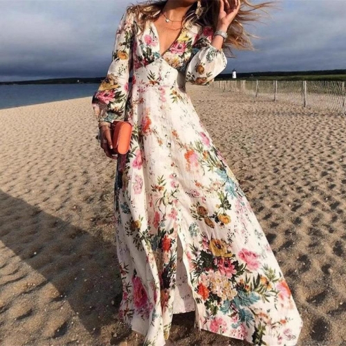 Women's Bohemian Floral Print V-Neck Long Sleeve Maxi Dress With Button Front Vacation Beach Party Casual Elegant Long Dress