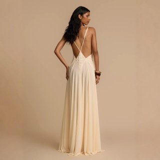 Women's Elegant Deep V Neck Backless Maxi Dress Lace Patchwork Hollow Out Sleeveless White Camisole Long Dress For Wedding Party Beach Vacation Summer