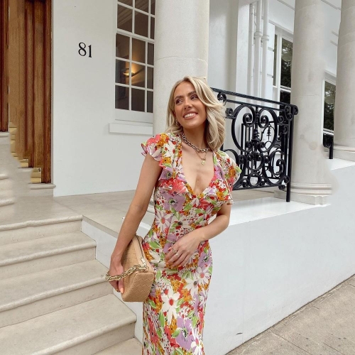 Women's Summer Sexy Backless Floral Print Maxi Dress Sleeveless V-Neck Ruffle Flowy Elegant Vacation Beach Midi Dress With Polyester Fabric