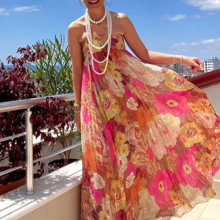 Women's Bohemian Floral Print Tube Top Maxi Dress Summer Chiffon Sleeveless High Waist Big Swing Resort Beach Long Dress Rose Red Women Elegant Party Wear