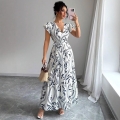 Women's Elegant V-Neck Floral Print Maxi Dress Polyester Ruffle Flutter Sleeve Wrap Tie Waist Summer Long Beach Dress for Party Vacation Women