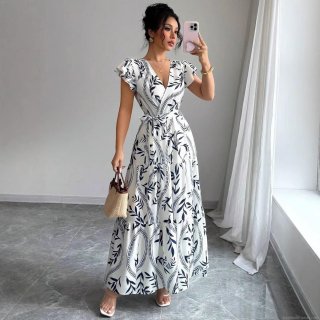 Women's Elegant V-Neck Floral Print Maxi Dress Polyester Ruffle Flutter Sleeve Wrap Tie Waist Summer Long Beach Dress for Party Vacation Women