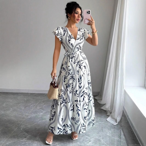 Women's Elegant V-Neck Floral Print Maxi Dress Polyester Ruffle Flutter Sleeve Wrap Tie Waist Summer Long Beach Dress for Party Vacation Women