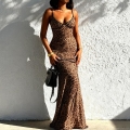 Women Sexy Leopard Print Backless Maxi Dress Polyester Slim Fit Bodycon Sleeveless Sling Long Dress For Party Vacation Clubwear Streetwear