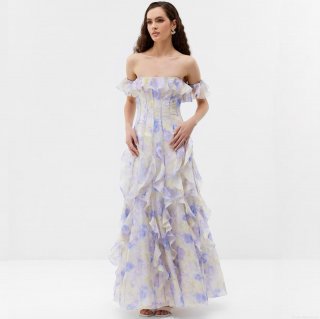 French Vintage Off Shoulder Floral Maxi Dress With Layered Ruffles Summer Beach Resort Chiffon Tiered Long Dress For Women