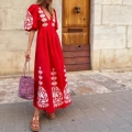 Boho Women V-Neck Maxi Dress Puff Sleeve Embroidered Print Loose Casual Vacation Ethnic Long Dress For Women Summer Beachwear